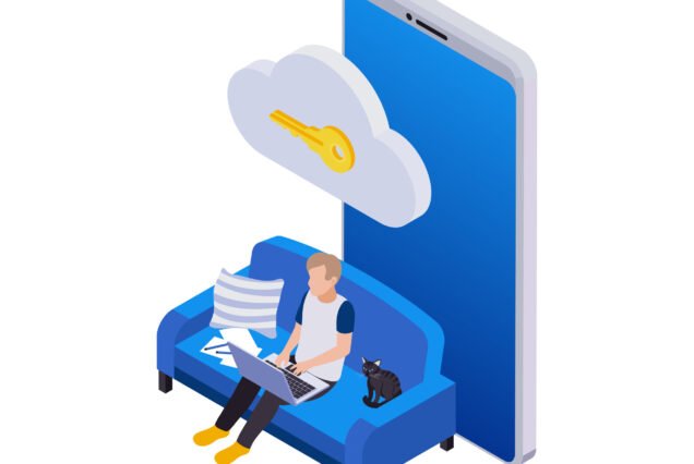 Remote management distant work isometric icons composition with man sitting on sofa with key cloud icon and smartphone vector illustration