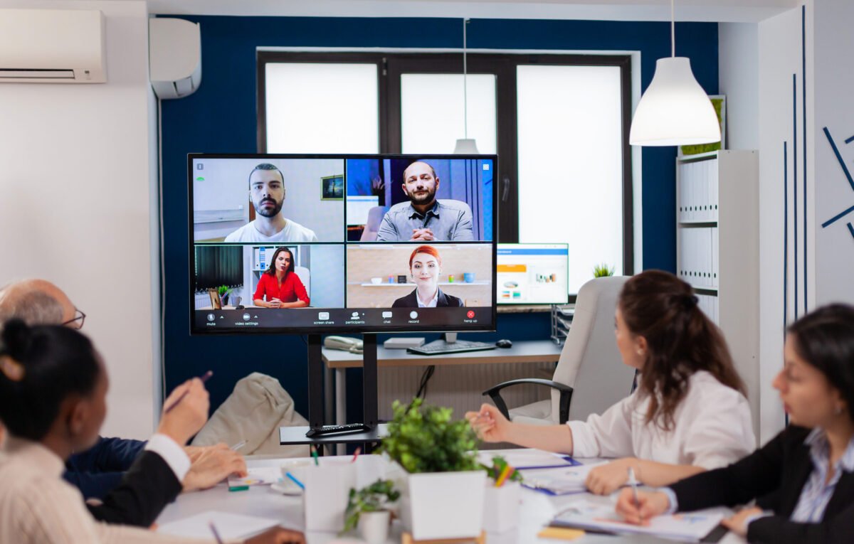 Team working by group video call share ideas brainstorming negotiating use video conference. Business people talking to webcam, do online conference participate internet brainstorming, distance office discussion.